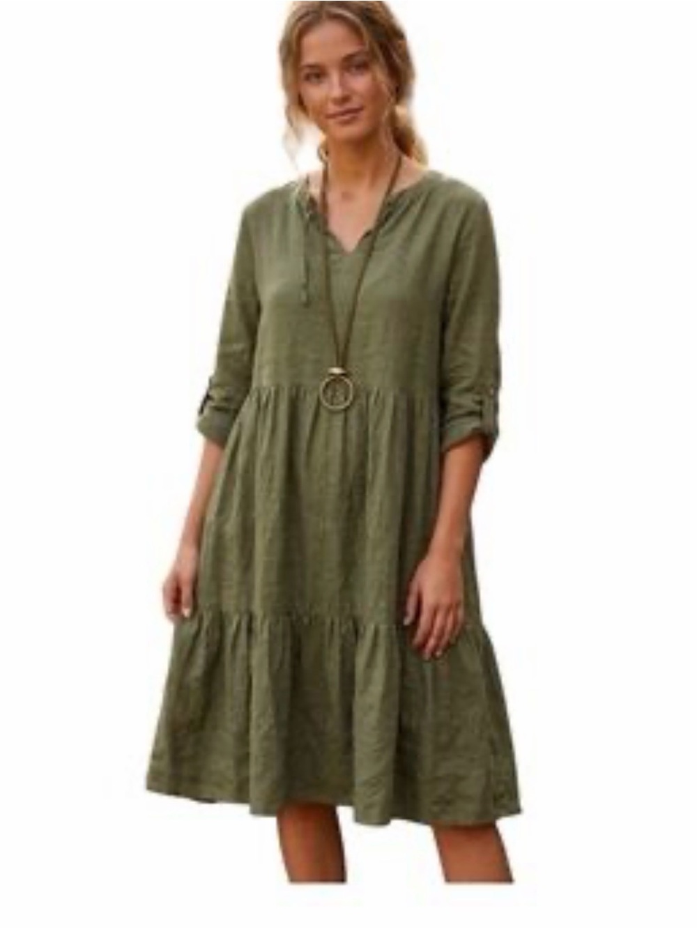 Olive Green V-Neck Tiered Midi Dress 100% LINEN BOHO SIZE XL FRANCESCA BETTINI